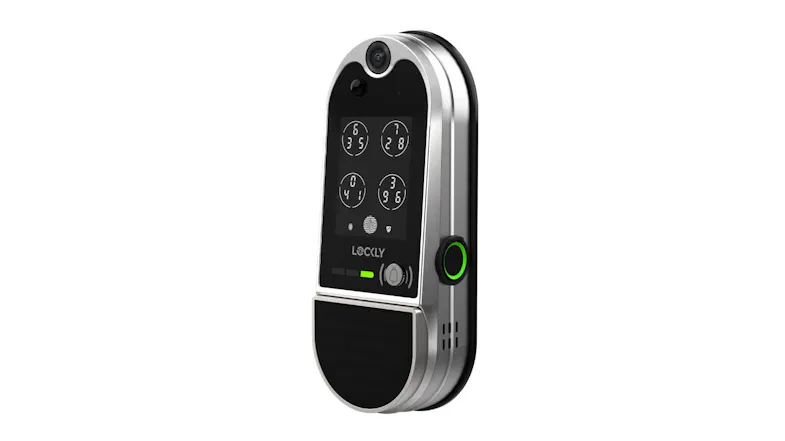 Profile view of Lockly smart lock, highlighting the side fingerprint reader Profile view of Lockly smart lock, highlighting the side fingerprint reader