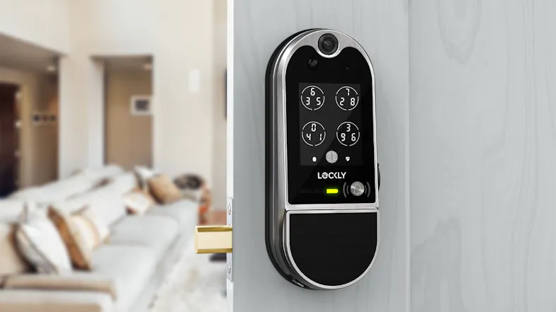 Smart Lockly door lock on home interior door showing touchscreen keypad, camera lens, and modern design Smart Lockly door lock on home interior door showing touchscreen keypad, camera lens, and modern design
