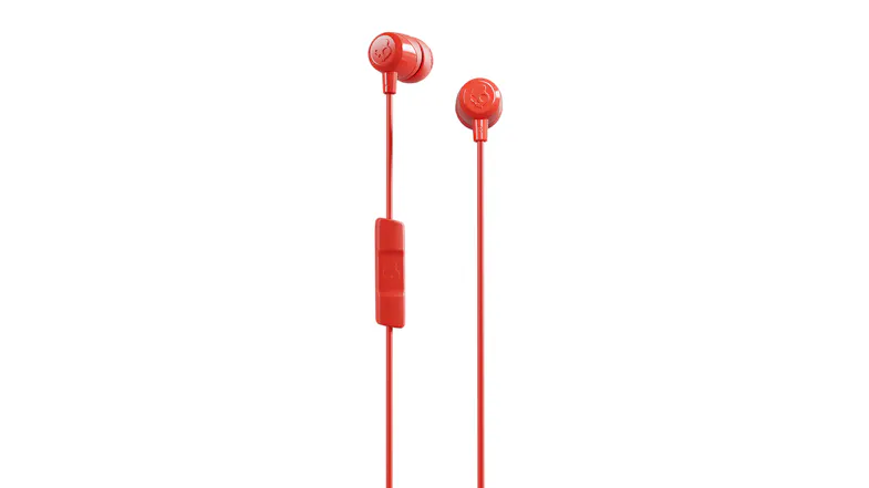 Front view of the Skullcandy Jib headphones and their inline remote Front view of the Skullcandy Jib headphones and their inline remote