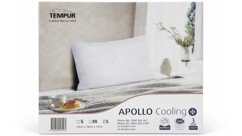Front of the Apollo Cooling Pillow by Tempur Large retail package Front of the Apollo Cooling Pillow by Tempur Large retail package