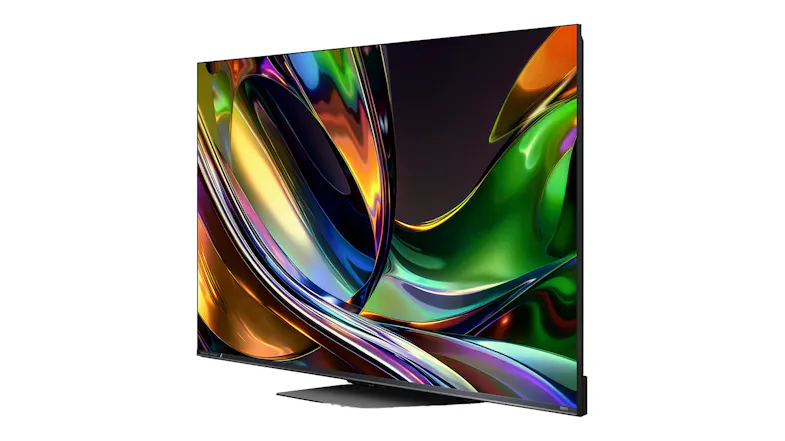 Angled front‑right view of the Hisense UR8 TV showing thin bezels and a wide screen Angled front‑right view of the Hisense UR8 TV showing thin bezels and a wide screen