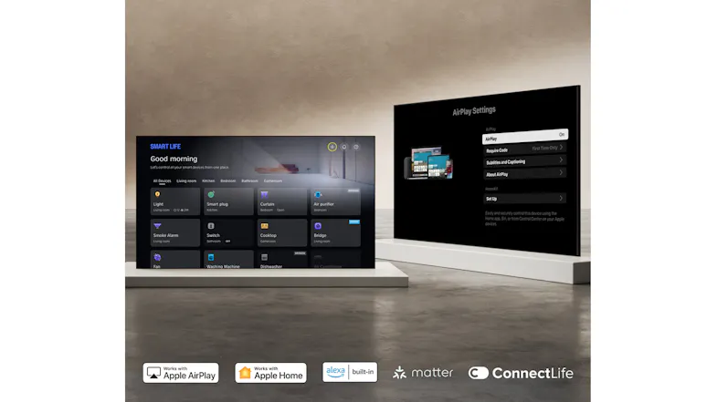 Two TVs side by side: one showing the Smart Life home control screen and the other showing AirPlay settings Two TVs side by side: one showing the Smart Life home control screen and the other showing AirPlay settings
