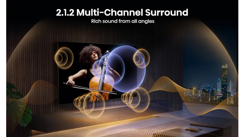 Living room scene with the TV displaying a cello performer Living room scene with the TV displaying a cello performer