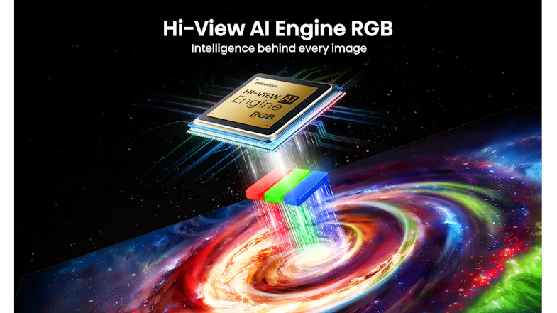 Graphic illustration of the Hi‑View AI Engine RGB processor hovering above a colourful vortex Graphic illustration of the Hi‑View AI Engine RGB processor hovering above a colourful vortex