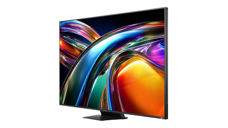 Angled front‑right view of the Hisense UR9 TV showing a thin bezel and a large display Angled front‑right view of the Hisense UR9 TV showing a thin bezel and a large display