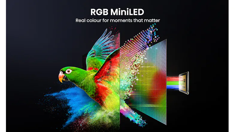 RGB MiniLED illustration showing a parrot transitioning through layered display panels RGB MiniLED illustration showing a parrot transitioning through layered display panels