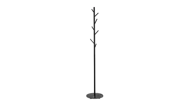 Black Levede minimal-style metal coat rack with branch-style hooks on a round, dark marble base Black Levede minimal-style metal coat rack with branch-style hooks on a round, dark marble base