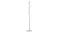 Side view of a gold freestanding coat rack with angled hooks and a round white base Side view of a gold freestanding coat rack with angled hooks and a round white base