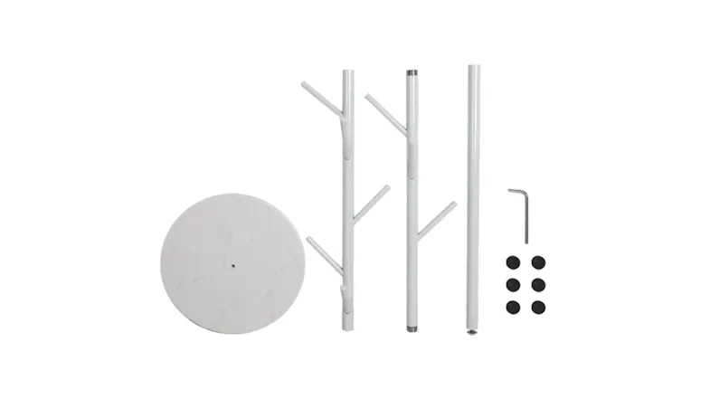 Disassembled white Levede minimal‑style coat rack parts, including the round base, poles, hooks, screws, and assembly tool Disassembled white Levede minimal‑style coat rack parts, including the round base, poles, hooks, screws, and assembly tool