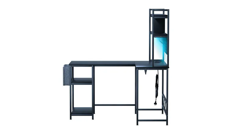 Levede L-shaped gaming desk with shelves, RGB LED lighting, power outlet shelf, storage pocket, and cable management Levede L-shaped gaming desk with shelves, RGB LED lighting, power outlet shelf, storage pocket, and cable management