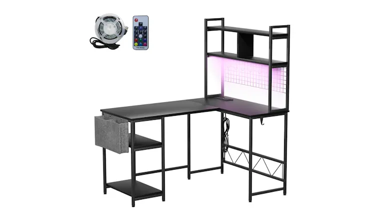 An angled view of a gaming desk with RGB LED lights, upper shelves, storage pocket, hook and cable holder, remote and LED strip An angled view of a gaming desk with RGB LED lights, upper shelves, storage pocket, hook and cable holder, remote and LED strip