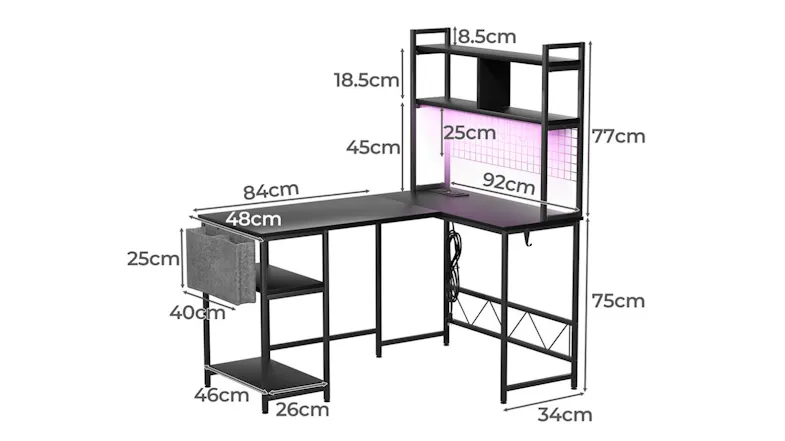 L-shaped gaming desk dimension diagram showing overall size, shelf height, desk depth, and workspace measurement L-shaped gaming desk dimension diagram showing overall size, shelf height, desk depth, and workspace measurement