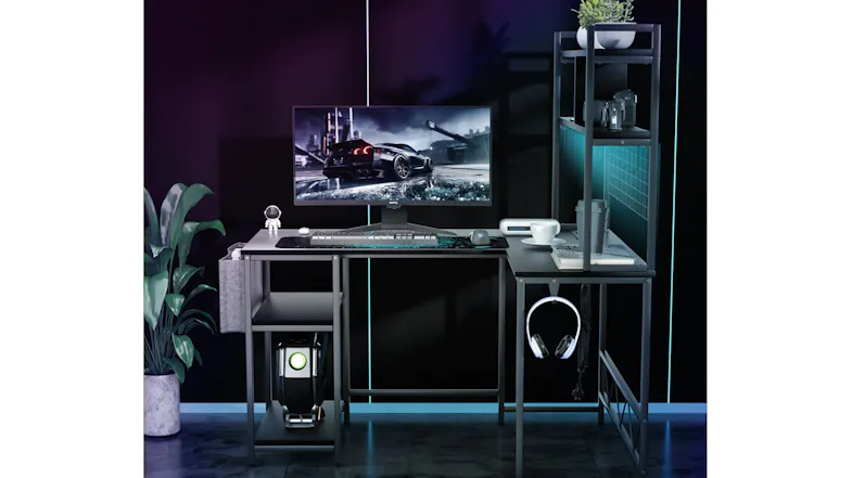Levede L-shaped gaming desk setup with monitor, RGB lighting, shelves, headset hook, and modern gaming room styling Levede L-shaped gaming desk setup with monitor, RGB lighting, shelves, headset hook, and modern gaming room styling