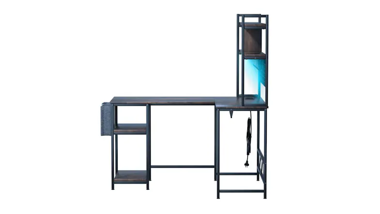 Levede L-shaped gaming desk with shelves, RGB LED lighting, power outlet shelf, storage pocket, and cable management Levede L-shaped gaming desk with shelves, RGB LED lighting, power outlet shelf, storage pocket, and cable management
