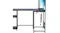 A close-up view of a gaming desk shelf with RGB LED lighting, mesh panel, power outlet slot, and sturdy metal frame design A close-up view of a gaming desk shelf with RGB LED lighting, mesh panel, power outlet slot, and sturdy metal frame design