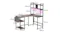 L-shaped gaming desk dimension diagram showing overall size, shelf height, desk depth, and workspace measurement L-shaped gaming desk dimension diagram showing overall size, shelf height, desk depth, and workspace measurement