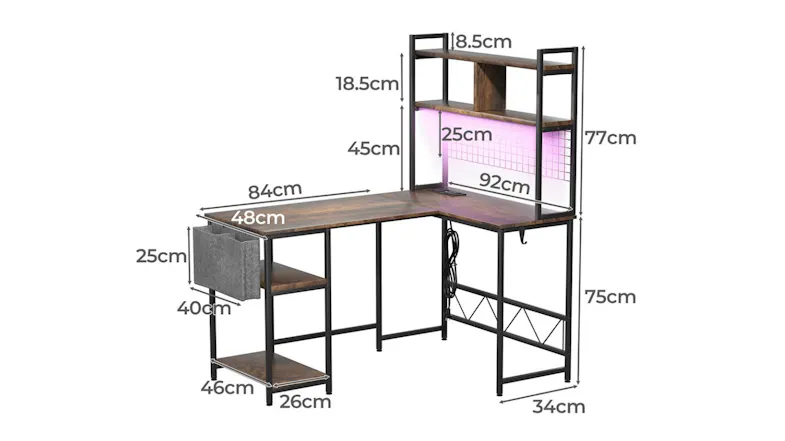 L-shaped gaming desk dimension diagram showing overall size, shelf height, desk depth, and workspace measurement L-shaped gaming desk dimension diagram showing overall size, shelf height, desk depth, and workspace measurement