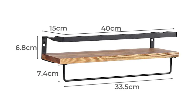 A wood and black metal floating shelf with labelled dimensions, showing 40cm length, depth, and towel bar measurements A wood and black metal floating shelf with labelled dimensions, showing 40cm length, depth, and towel bar measurements