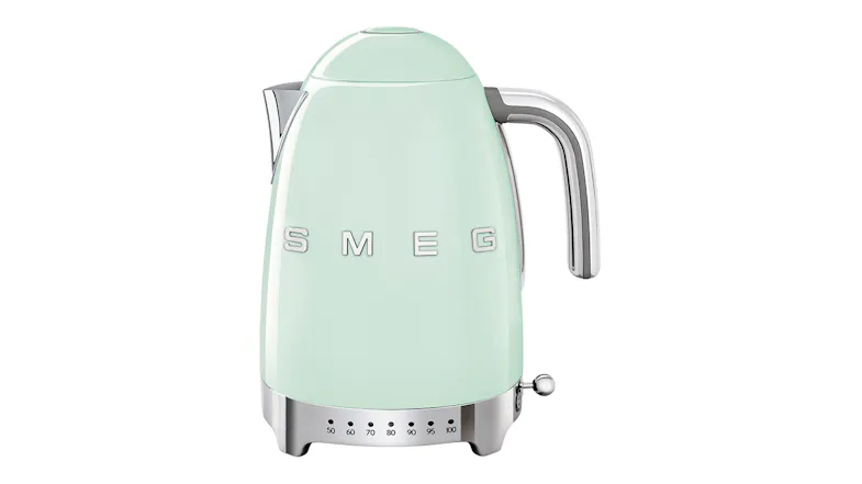 Smeg 50's Style 1.7L Variable Temperature Kettle in a glossy pastel green colour Smeg 50's Style 1.7L Variable Temperature Kettle in a glossy pastel green colour