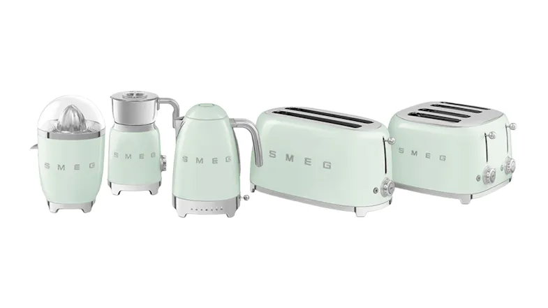 Front view of the Smeg appliances, including a toaster, kettle, and more Front view of the Smeg appliances, including a toaster, kettle, and more