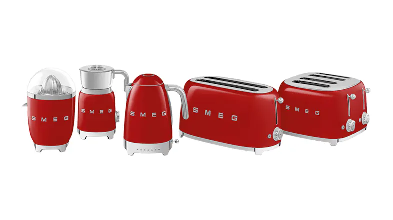 Front view of the Smeg appliances, including a toaster, kettle, and more Front view of the Smeg appliances, including a toaster, kettle, and more