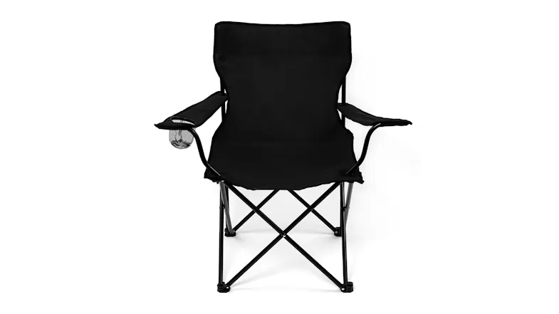 Front view of a black Levede folding camping chair with armrests and cross‑frame metal legs Front view of a black Levede folding camping chair with armrests and cross‑frame metal legs