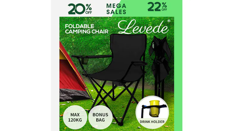 Promotional image of a black folding camping chair outdoors, featuring text highlighting a 120 kg maximum load, bonus carry bag, and drink holder Promotional image of a black folding camping chair outdoors, featuring text highlighting a 120 kg maximum load, bonus carry bag, and drink holder