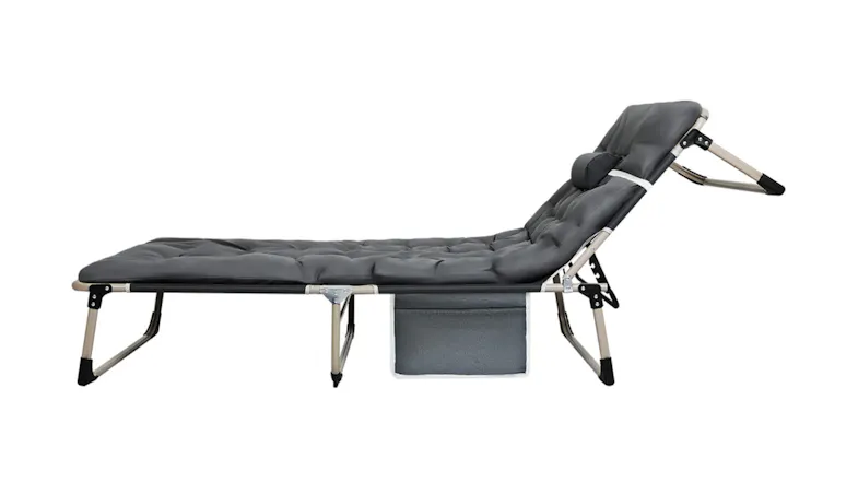 Side view of the Levede adjustable camp cot showing reclining backrest positions and a sturdy steel frame Side view of the Levede adjustable camp cot showing reclining backrest positions and a sturdy steel frame