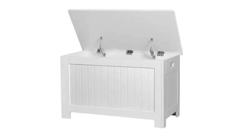 White wooden Levede children’s storage chest with the hinged lid open, showing the interior and metal lid supports White wooden Levede children’s storage chest with the hinged lid open, showing the interior and metal lid supports