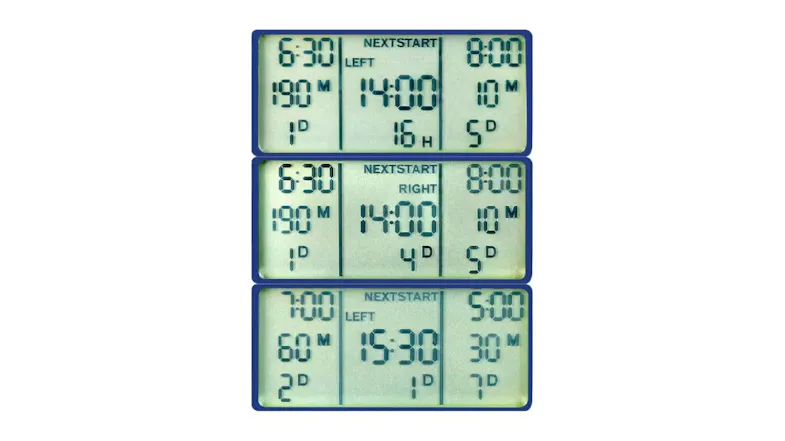 Three LCD irrigation timer screens showing watering schedules, start times, durations, and frequency settings Three LCD irrigation timer screens showing watering schedules, start times, durations, and frequency settings