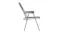 Side view of a grey folding chair with a metal frame and a dark sling fabric seat Side view of a grey folding chair with a metal frame and a dark sling fabric seat