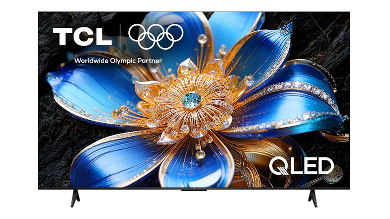 Front view of the TCL 50-inch P7LS QLED TV on dual feet, showing a vivid blue and gold floral image on screen Front view of the TCL 50-inch P7LS QLED TV on dual feet, showing a vivid blue and gold floral image on screen