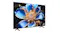 Three‑quarter angled left view of the TCL TV, showing angled stand feet, and detailed QLED colour on screen Three‑quarter angled left view of the TCL TV, showing angled stand feet, and detailed QLED colour on screen
