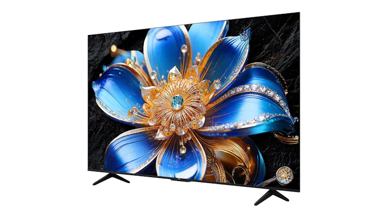 Three‑quarter angled right view of the TCL 55-inch QLED TV on dual stand legs, emphasising the thin profile Three‑quarter angled right view of the TCL 55-inch QLED TV on dual stand legs, emphasising the thin profile