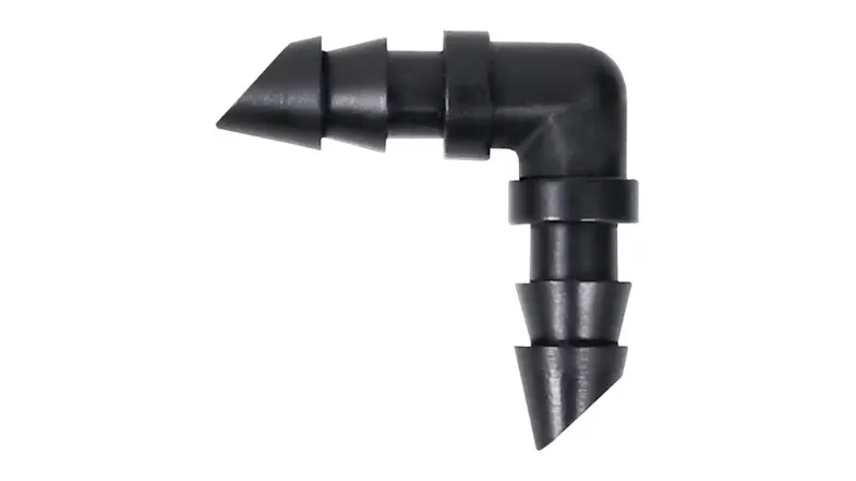90-degree drip irrigation connector, barbed hose fitting for secure corner connections in irrigation tubing setups 90-degree drip irrigation connector, barbed hose fitting for secure corner connections in irrigation tubing setups