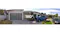Panoramic 180-degree view of a modern house, driveway, and blue truck Panoramic 180-degree view of a modern house, driveway, and blue truck