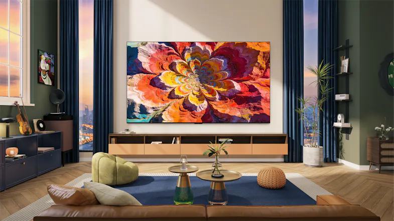 Living room scene with the TCL C6L TV mounted above a long media console Living room scene with the TCL C6L TV mounted above a long media console