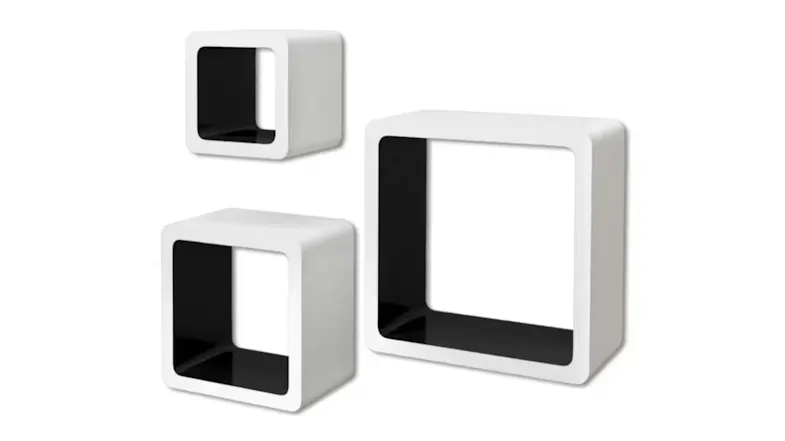 Side view of the NNEVL floating cube wall shelves, White/Black colour Side view of the NNEVL floating cube wall shelves, White/Black colour
