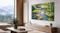 Lifestyle image of the TV mounted on a wall above a low wooden cabinet Lifestyle image of the TV mounted on a wall above a low wooden cabinet