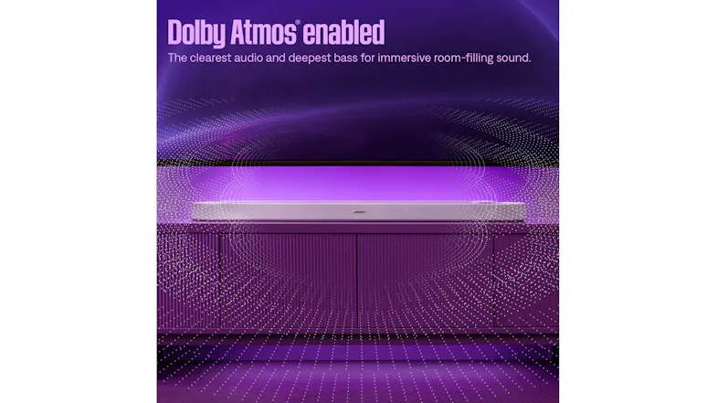 Promotional image of the white Bose soundbar in a purple room setting with visual sound patterns Promotional image of the white Bose soundbar in a purple room setting with visual sound patterns