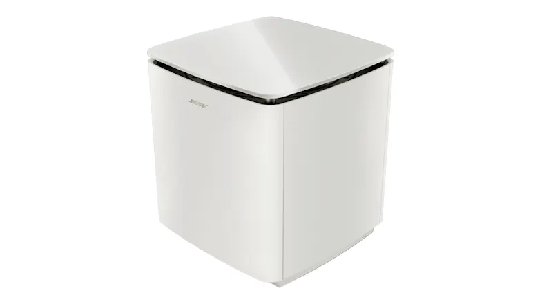 Angled front‑top view of the white Bose subwoofer, highlighting the glossy tempered glass top Angled front‑top view of the white Bose subwoofer, highlighting the glossy tempered glass top