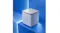 Stylised studio image of the white Bose subwoofer on layered blue platforms, emphasising the cube form Stylised studio image of the white Bose subwoofer on layered blue platforms, emphasising the cube form