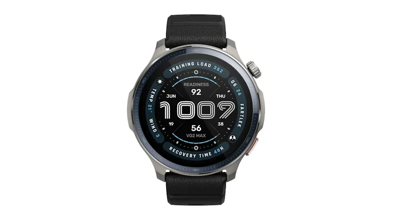 A front view of a rugged smartwatch featuring training load, readiness score, VO2 max, recovery time, and digital clock A front view of a rugged smartwatch featuring training load, readiness score, VO2 max, recovery time, and digital clock