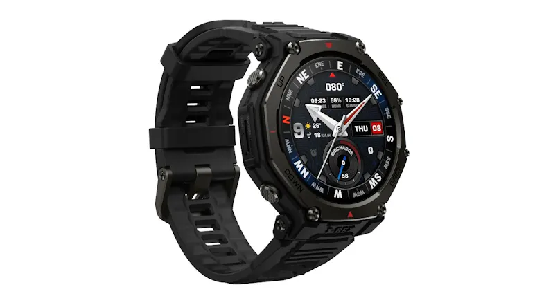 An angled view of the Amazfit T‑Rex 3 smartwatch with a compass bezel, a detailed watch face, rugged screws, and a black silicone band An angled view of the Amazfit T‑Rex 3 smartwatch with a compass bezel, a detailed watch face, rugged screws, and a black silicone band
