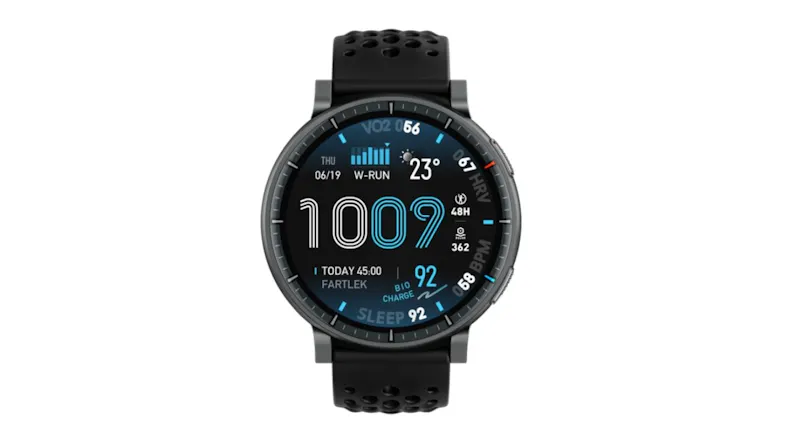 Front view of a sports smartwatch with an AMOLED screen displaying time, VO2 max, heart rate, sleep score, and workout data Front view of a sports smartwatch with an AMOLED screen displaying time, VO2 max, heart rate, sleep score, and workout data