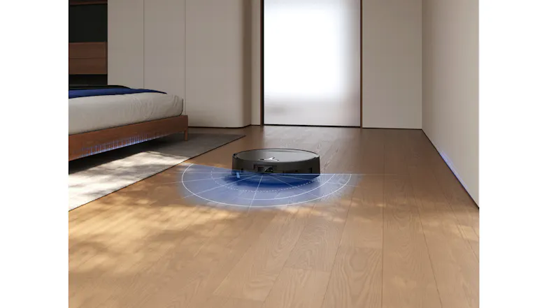 Robot vacuum maps a bedroom with a blue semicircular light scan Robot vacuum maps a bedroom with a blue semicircular light scan
