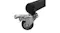 Close-up of a swivel caster wheel with a metal housing and brake attached to the chair frame Close-up of a swivel caster wheel with a metal housing and brake attached to the chair frame