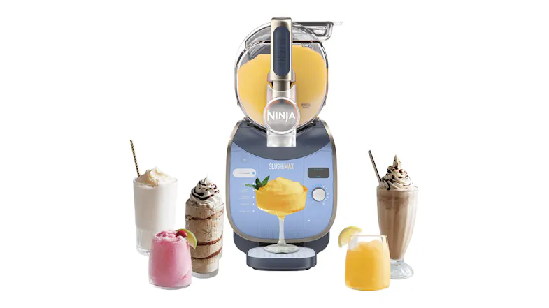Front view of the Ninja SLUSHi Max frozen drink maker with a slush barrel filled with a yellow frozen drink Front view of the Ninja SLUSHi Max frozen drink maker with a slush barrel filled with a yellow frozen drink