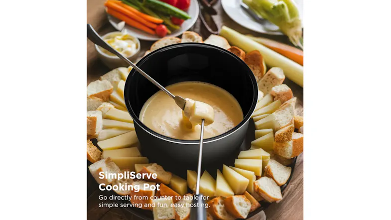 The SimpliServe cooking pot is used directly on the table, filled with melted cheese The SimpliServe cooking pot is used directly on the table, filled with melted cheese