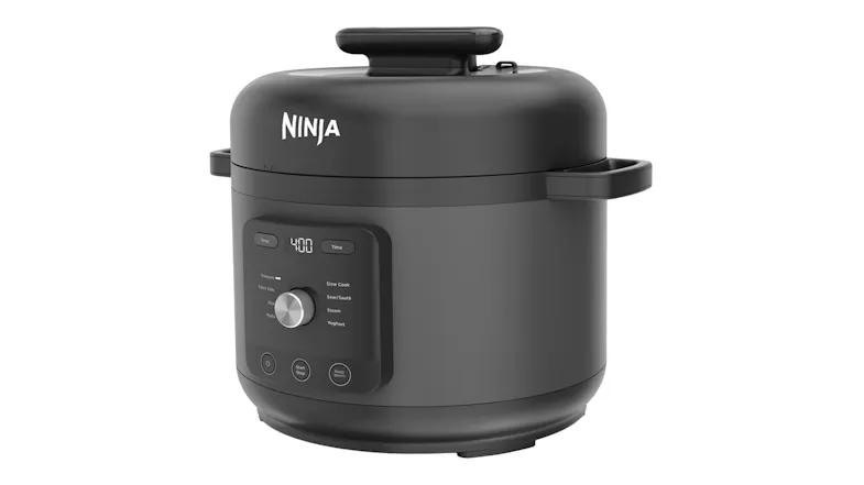 Angled view of the Ninja HyperHeat cooker showing the depth of the dark grey body Angled view of the Ninja HyperHeat cooker showing the depth of the dark grey body